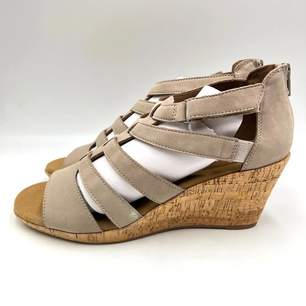 8.5W 8.5 WIDE WIDTH Rockport Briah Gladiator Taupe Brown Wedge Sandals‎ Shoes